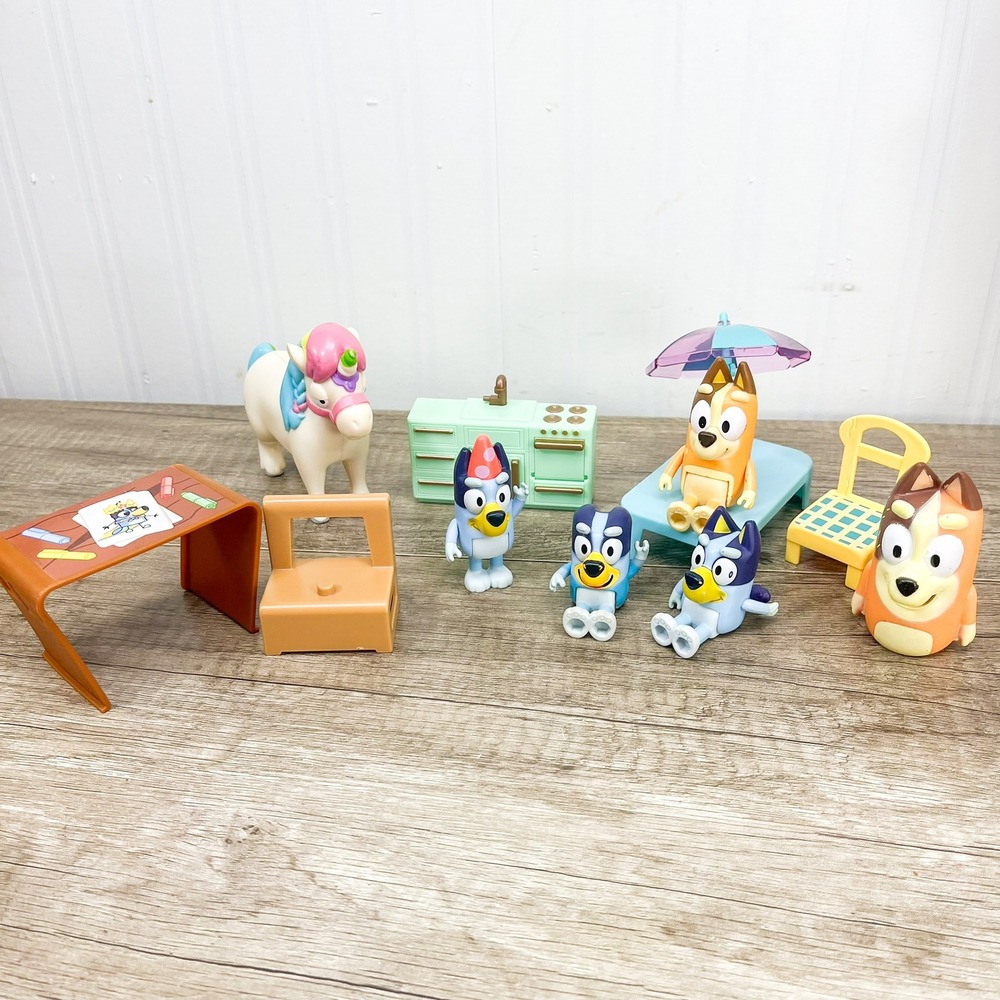 Bluey and Friends Figure Lot with Unipony Kitchen and Furniture Accessories